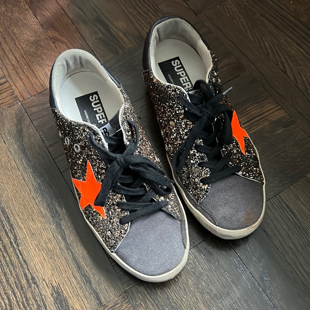 Used Authentic Golden Goose black gray with gold glitter sneakers orange star 37